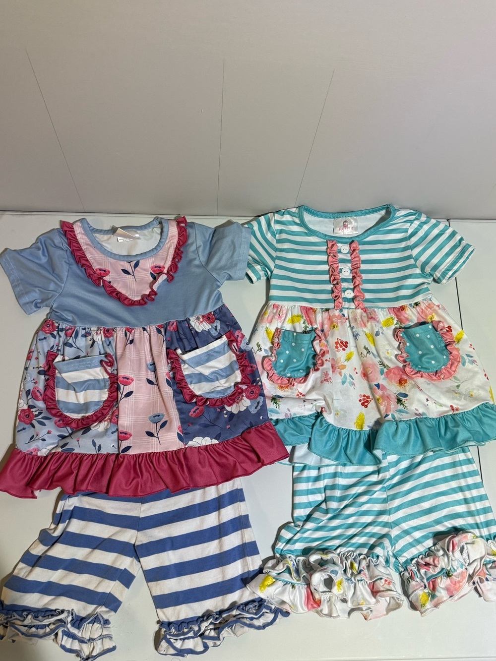 Girls 6/6x Boutique Set of Matching Ruffle Floral Tops & Striped Shorts Outfits